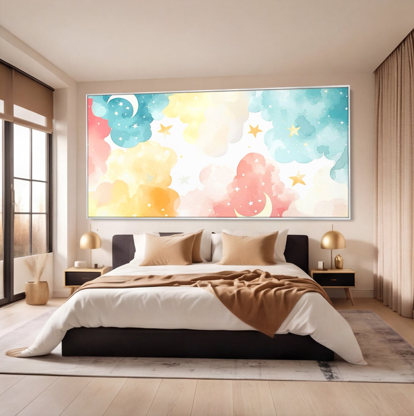 Tablou canvas cu ilustratie canvas cu nori si semiluni, in rama de aluminiu argintiu, pe perete intr-un dormitor